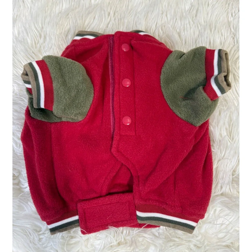 Red Woof State Fleece Dog Sweater Varsity Collegiate Style Pet Jacket Small
